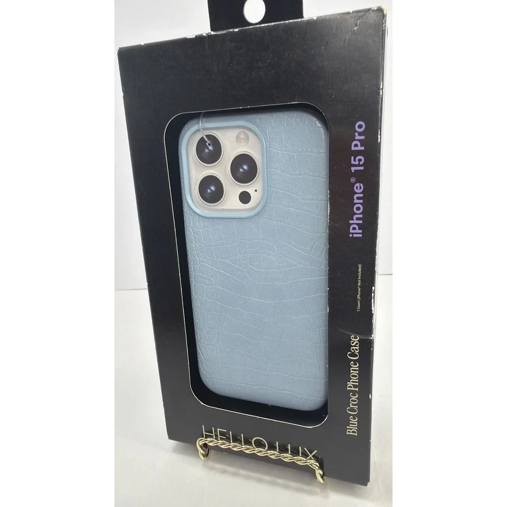 Hello Lux Blue Croc iPhone 15 Pro Case Faux Leather Protective Cover New